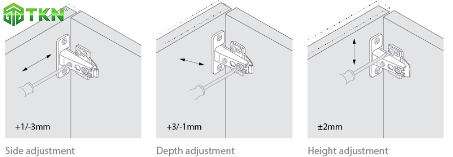 Có thể sử dụng đinh vít được tích hợp sẵn trên bản lề điều chỉnh độ chuẩn khi lắp đặt